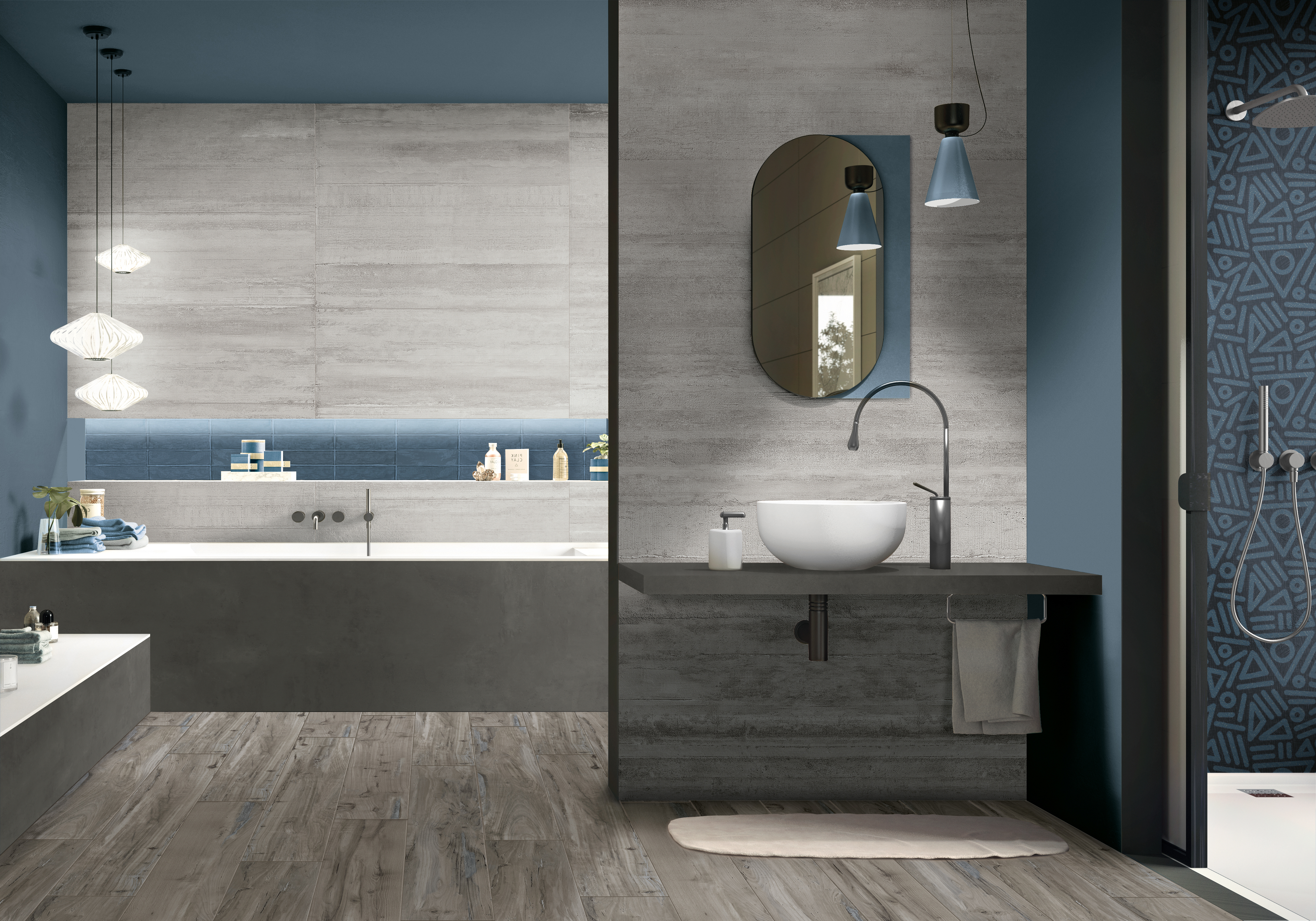 Bathroom tile by Emser Tile featuring modern bath and shower, gray and blue tones throughout room
