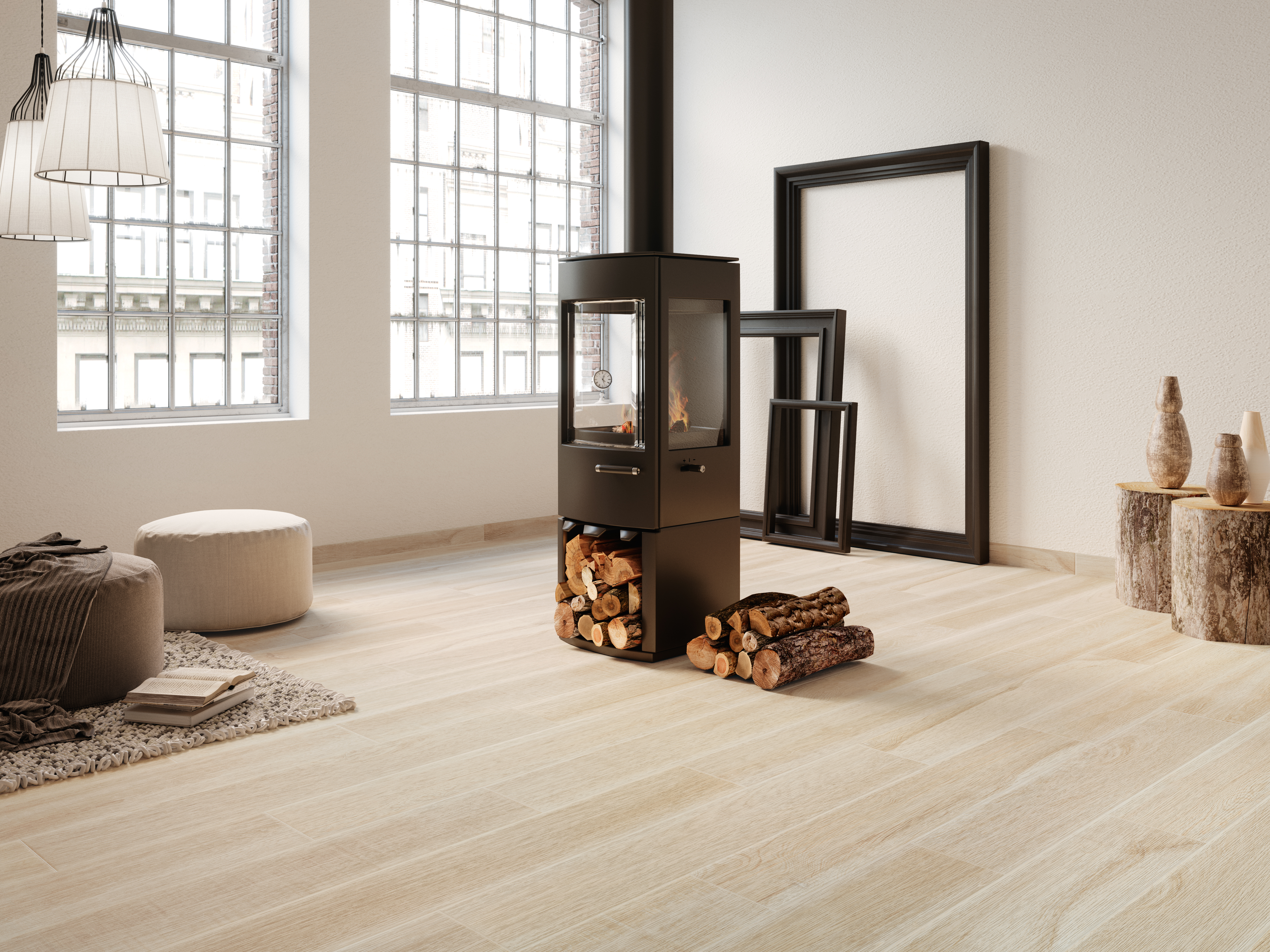 Wood-Look Emser Tile in contemporary rustic apartment living room featuring pellet stove at center of the room